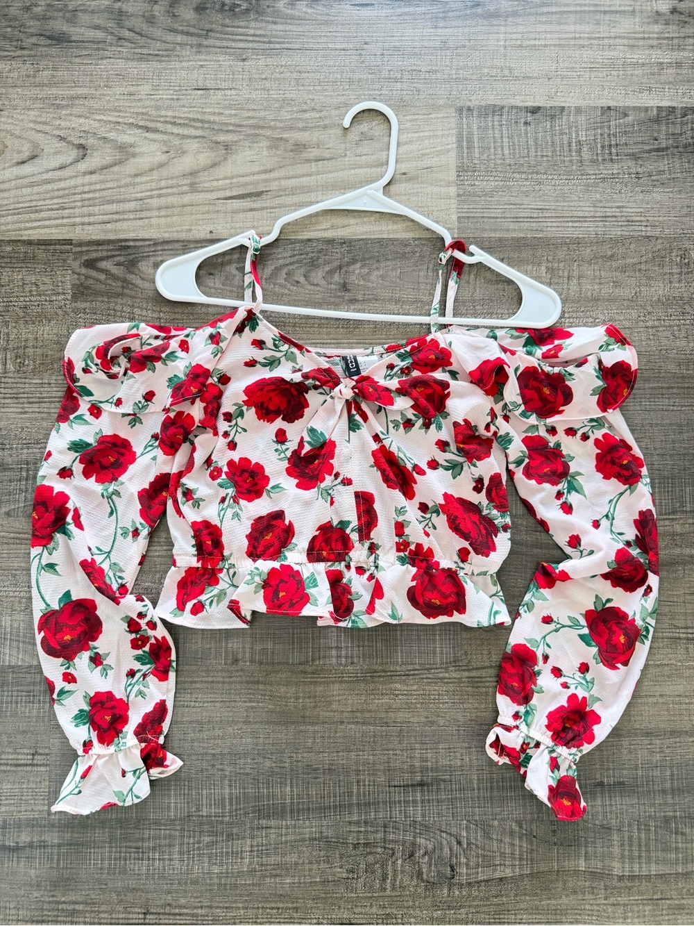 Divided Red Rose Print Off-Shoulder Crop Top